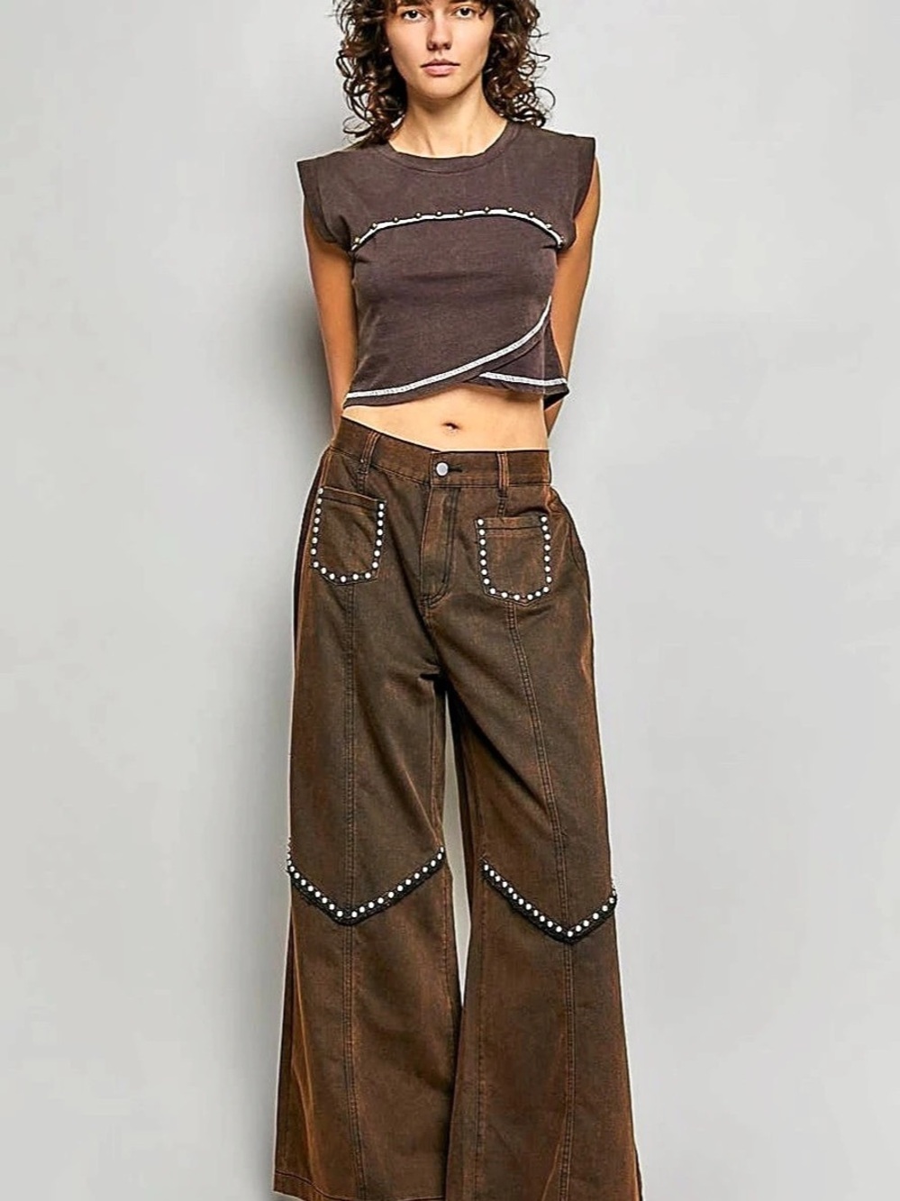 POL Studded Low Rise Wide Leg Jeans Brown